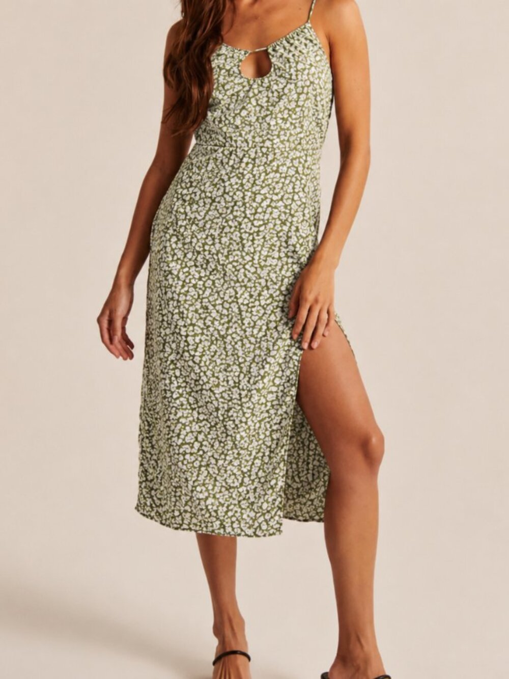 Abercrombie & Fitch Green Floral Midi Dress with Side Slit – Size Small